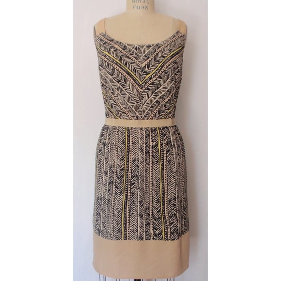 LOFT TAN BLACK YELLOW TRIBAL GEOMETRIC SHEATH DRESS 16 NWT - Picture 3 of 11